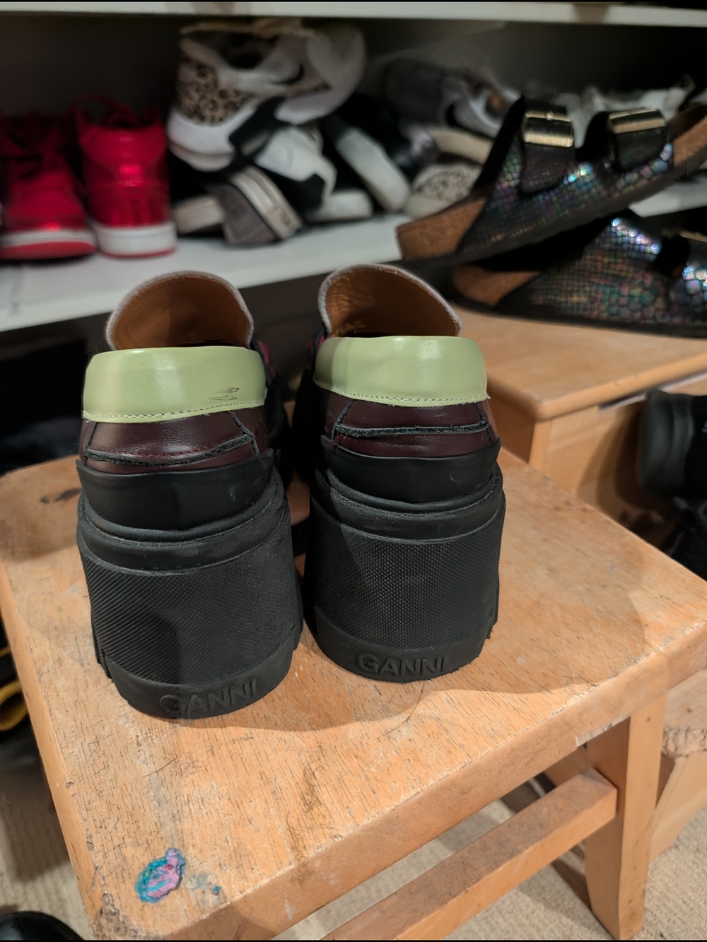 Ganni Triple-Color Chunky Penny Loafers — White, Burgundy & Lime - Picture 8 of 9